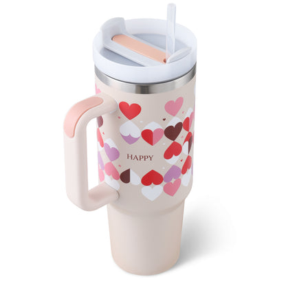 40 Oz Tumbler With Handle Straw Insulated, Stainless Steel Gifts For Valentines Lovers Suitable For Car Gym Office Travel