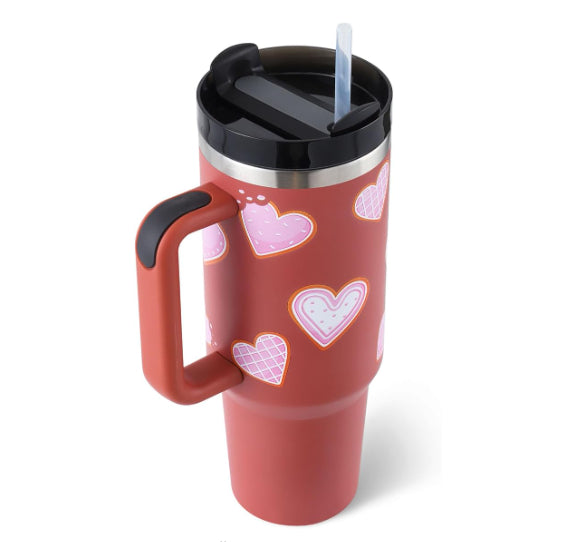 40 Oz Tumbler With Handle Straw Insulated, Stainless Steel Gifts For Valentines Lovers Suitable For Car Gym Office Travel