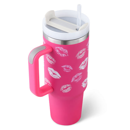 40 Oz Tumbler With Handle Straw Insulated, Stainless Steel Gifts For Valentines Lovers Suitable For Car Gym Office Travel