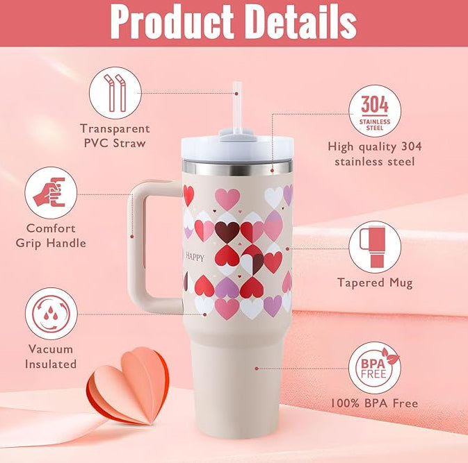 40 Oz Tumbler With Handle Straw Insulated, Stainless Steel Gifts For Valentines Lovers Suitable For Car Gym Office Travel